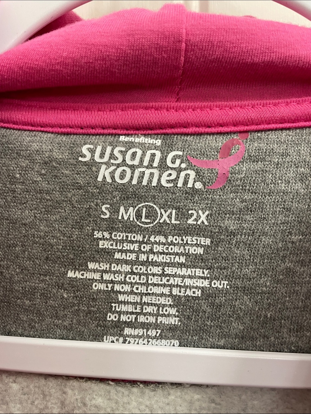 SUSAN G. KOMEN Gray and Pink 'Fight' Zip-Up Hoodie Size Large - Picture 2 of 4